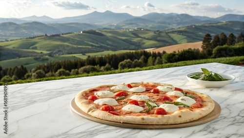 Buffalo mozzarella and tomato pizza served on a marble table with a magnificent landscape view in the background