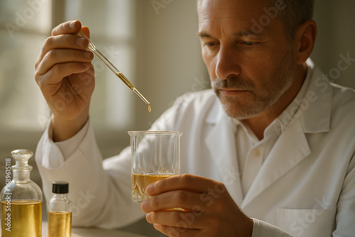 perfumer making perfume : mixing chemicals