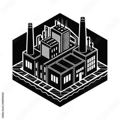 Isometric vector illustration of an urban city map with a factory, industrial building, and other architectural structures