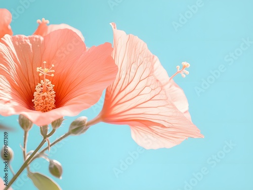 Closeup Coral Hibiscus Flowers Blue Sky Background