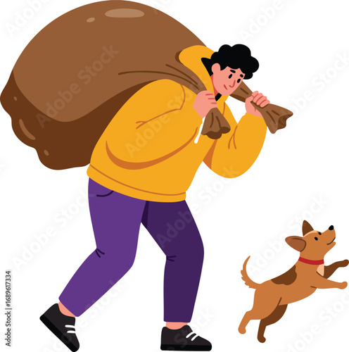 Person carrying large bag on shoulder with playful dog jumping nearby vector illustration in casual style 