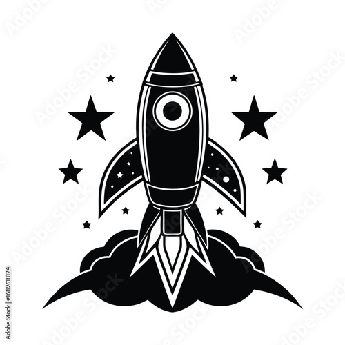 A vibrant cartoon rocket launches through space, a playful toy symbol for travel and science