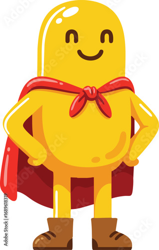 Yellow superhero character with red cape and brown boots standing confidently vector illustration 