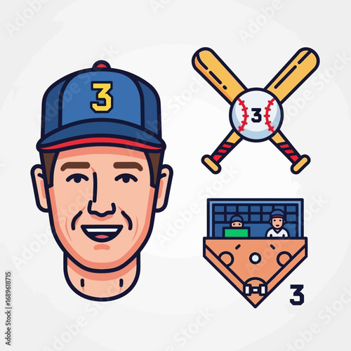 Illustrated baseball player portrait with crossed bats, diamond, and dugout view for sports promotion