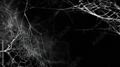 Intricate spiderweb strands against a dark backdrop, exhibiting a delicate, almost ethereal quality with varying densities and thicknesses in the web's structure