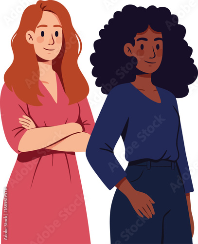 Two confident women standing together in casual clothing illustration with diverse hairstyles and expressions 