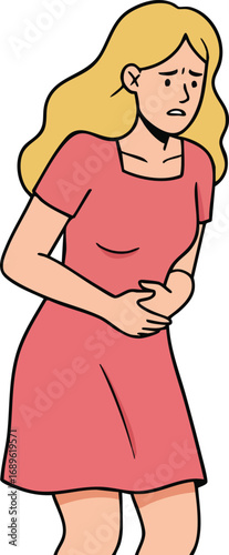Woman in red dress holding stomach with discomfort expression illustration vector art 