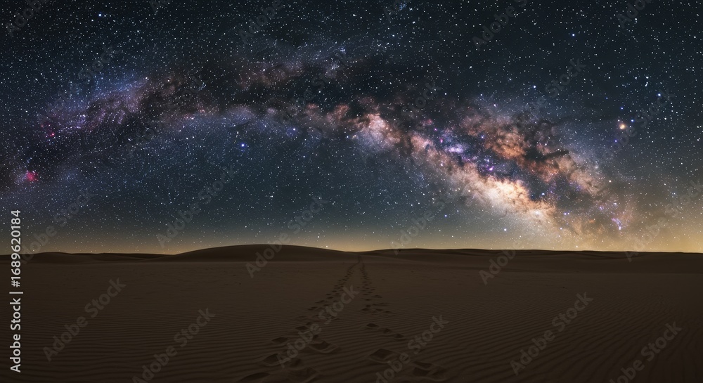 Obraz premium Panoramic Milky Way Arch Over Desert Landscape at Night with Starry Sky