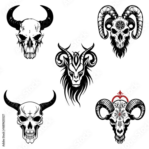 Horned skulls and gothic designs illustration