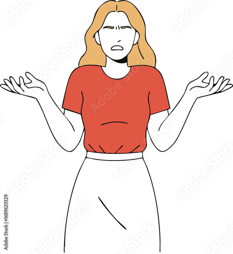 Woman shrugging shoulders with confused expression in red top and white skirt vector illustration 