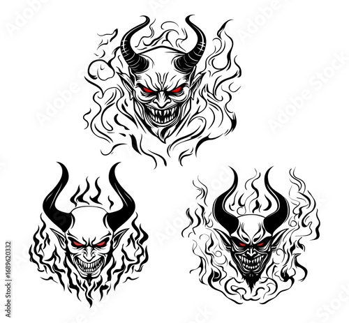 Set of demonic faces with horns and flames illustration