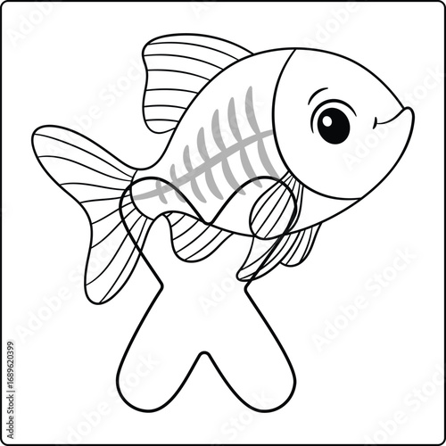 Letter X with X ray fish Educational sketch Coloring Page for Kids