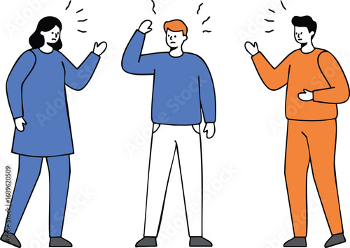 Group of three people having discussion in blue and orange casual clothes vector illustration