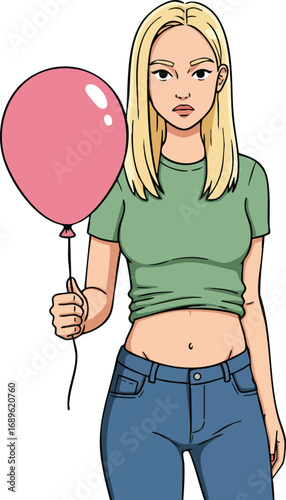 Blonde young woman holding pink balloon casual clothing vector illustration portrait style 