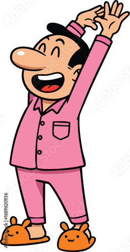 Man stretching in pink pajamas and orange slippers vector illustration for morning routine and relaxation 
