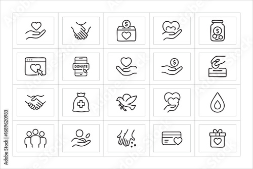 Collection of charity and donation related line art icons
