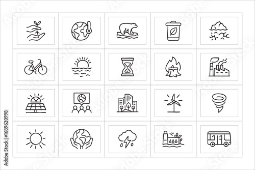 Collection of hand drawn icons representing environmental issues and solutions

