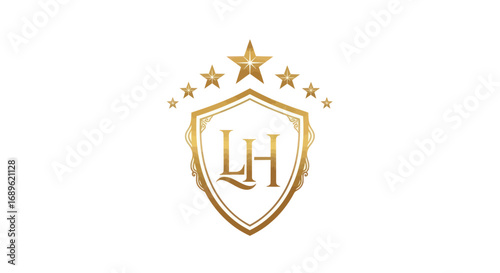 Elegant golden crest logo featuring initials "LH" with stars, set against white background.