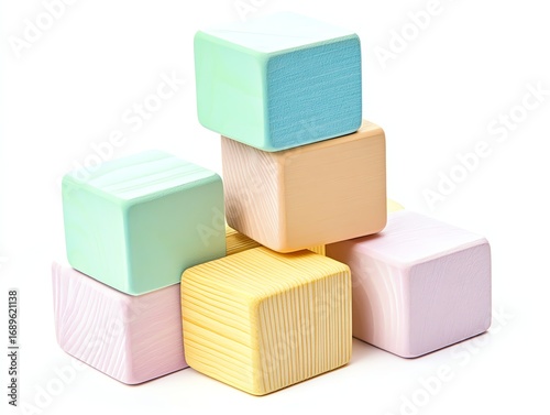 Pastel-colored wooden blocks stacked in a pyramid, isolated on a white background, showcasing simplicity and playfulness.