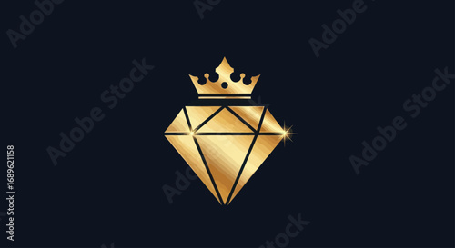 Golden diamond with a crown on top, isolated on a dark blue background.