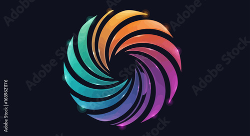 Abstract swirling vortex of rainbow colored bands with a dark background and subtle light effects.