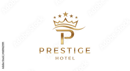 Golden logo design featuring a stylized "P" with a crown and stars above, representing Prestige Hotel.