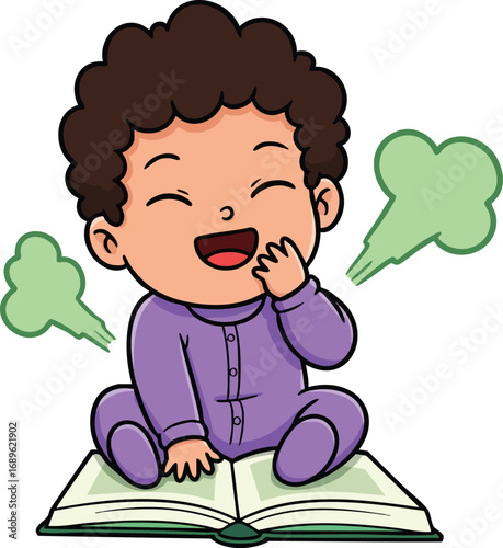 Cute toddler boy sitting on open book laughing showing funny fart gesture vector illustration 