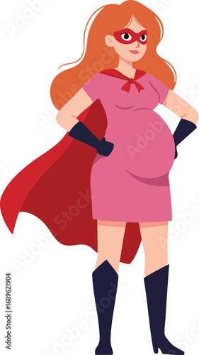Pregnant woman superhero character in pink dress and red cape standing confidently with hands on hips