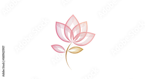 Watercolor illustration of a pink lotus flower with golden outlines, centered on a white background, conveying serenity and elegance.