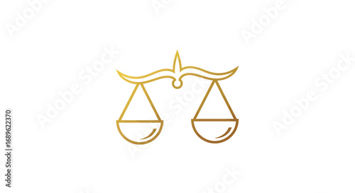 Golden scales of justice outline, symbolizing law, balance, and fairness on a white background.