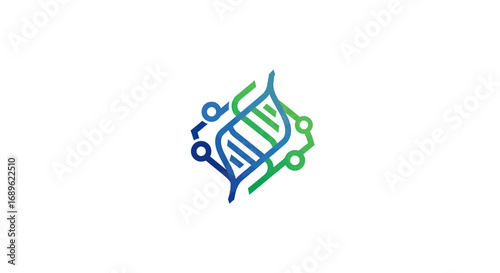 Abstract graphic featuring a stylized DNA double helix intertwined with a circuit board pattern in shades of blue and green, suggesting biotechnology or genetic engineering.