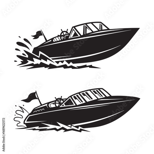 Speed Boat Silhouette Vector Set – Fast Motorboat Illustration in Black and White for Nautical and Marine Themes