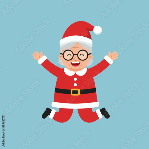 Grandma dressed as Santa Claus celebrating Christmas holiday in red suit and hat jumping happily vector illustration 