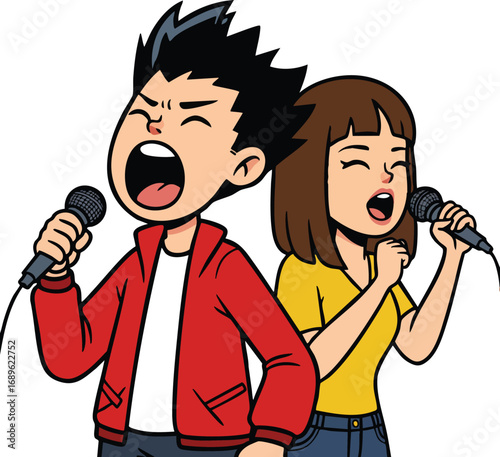 Singing teenagers performing energetic duet with microphones in casual clothing and dynamic expressions 