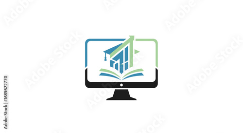 An illustration of a computer monitor displaying an open book, graduation cap, and upward trending graph, symbolizing online education and growth.