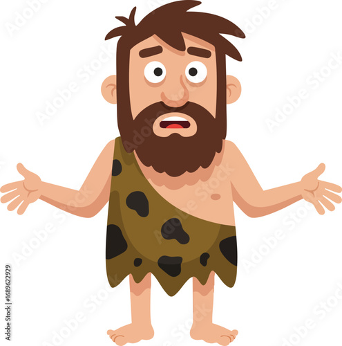 Caveman character with beard in animal skin clothing expressing confusion or surprise vector illustration 