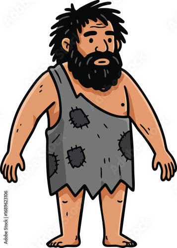 Caveman cartoon character wearing tattered grey clothing with beard and messy hair vector illustration 