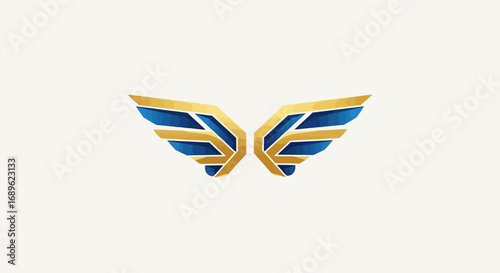Stylized wings illustration with blue and gold colors, symmetrically arranged on a light background.