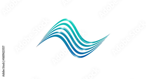 Abstract flowing lines in shades of blue and green, forming a wave-like or ribbon-like shape on a white background.