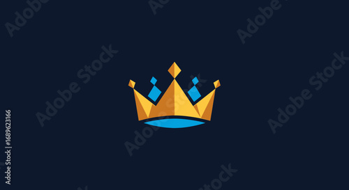 A stylized golden crown with blue accents, depicted in a geometric, modern design against a dark blue background.