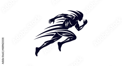 Stylized illustration of a muscular figure in motion, depicted in dark blue with speed lines suggesting rapid movement and energy.