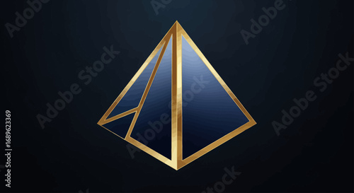 Golden-edged pyramid divided into sections, creating a geometric and abstract design against a dark blue background.