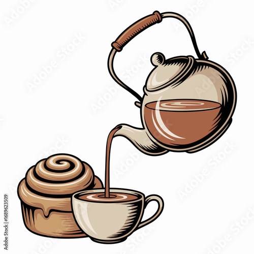 Elegant Teapot Pouring Chai with Cinnamon Roll