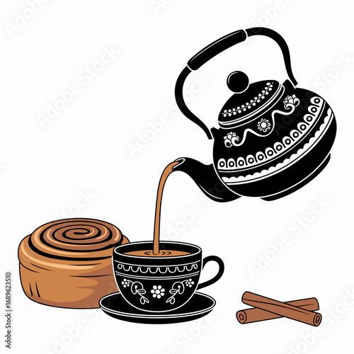 Elegant Teapot Pouring Chai with Cinnamon Roll
