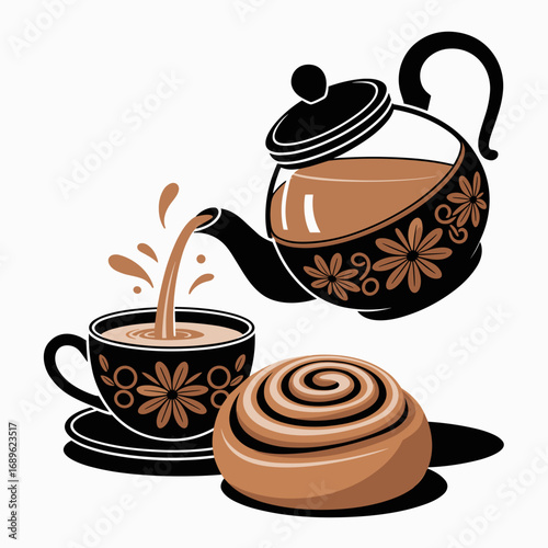 Elegant Teapot Pouring Chai with Cinnamon Roll