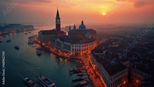 cinematic Aerial Venice cityscape landmark at sunset or night