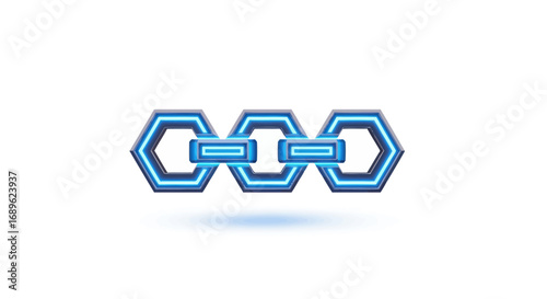 Three interconnected blue and white hexagonal shapes forming a chain link design against a white background.