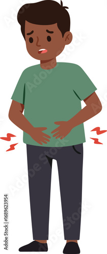Boy holding stomach in discomfort with pain signals in simple green shirt and dark pants vector illustration 