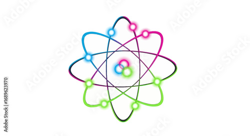 Abstract atom illustration with colorful orbits and glowing nodes, representing science, technology, or education.
