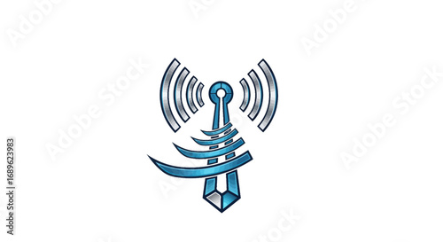 Stylized illustration of a communication tower emitting waves, rendered in blue and silver on a white background.